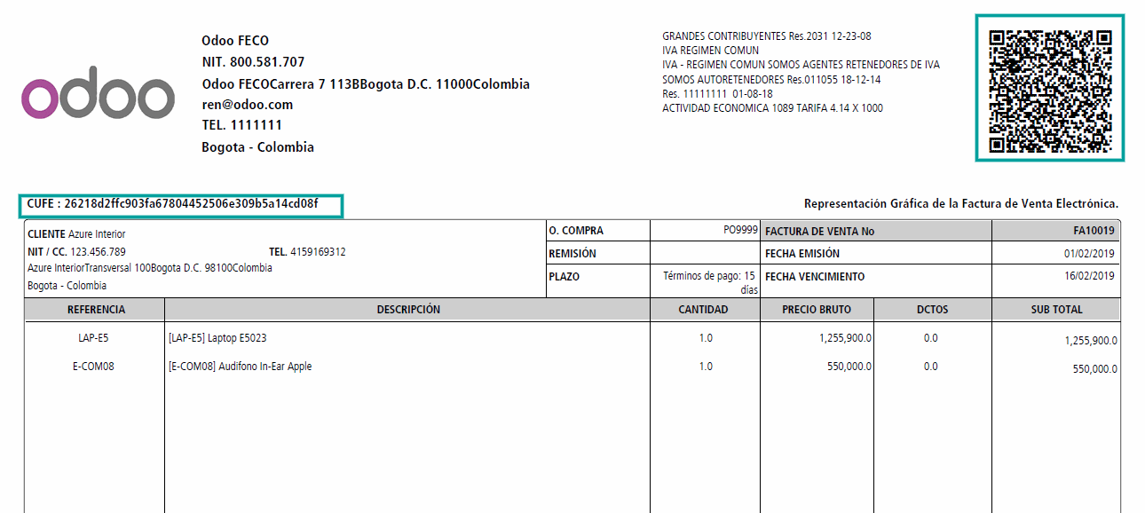 Example of Colombian electronic invoice with Binqiyun